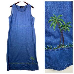 Erika Large 12 14 Dress Jumper Jean Denim Palm Trees Tropical Slvlss Modest